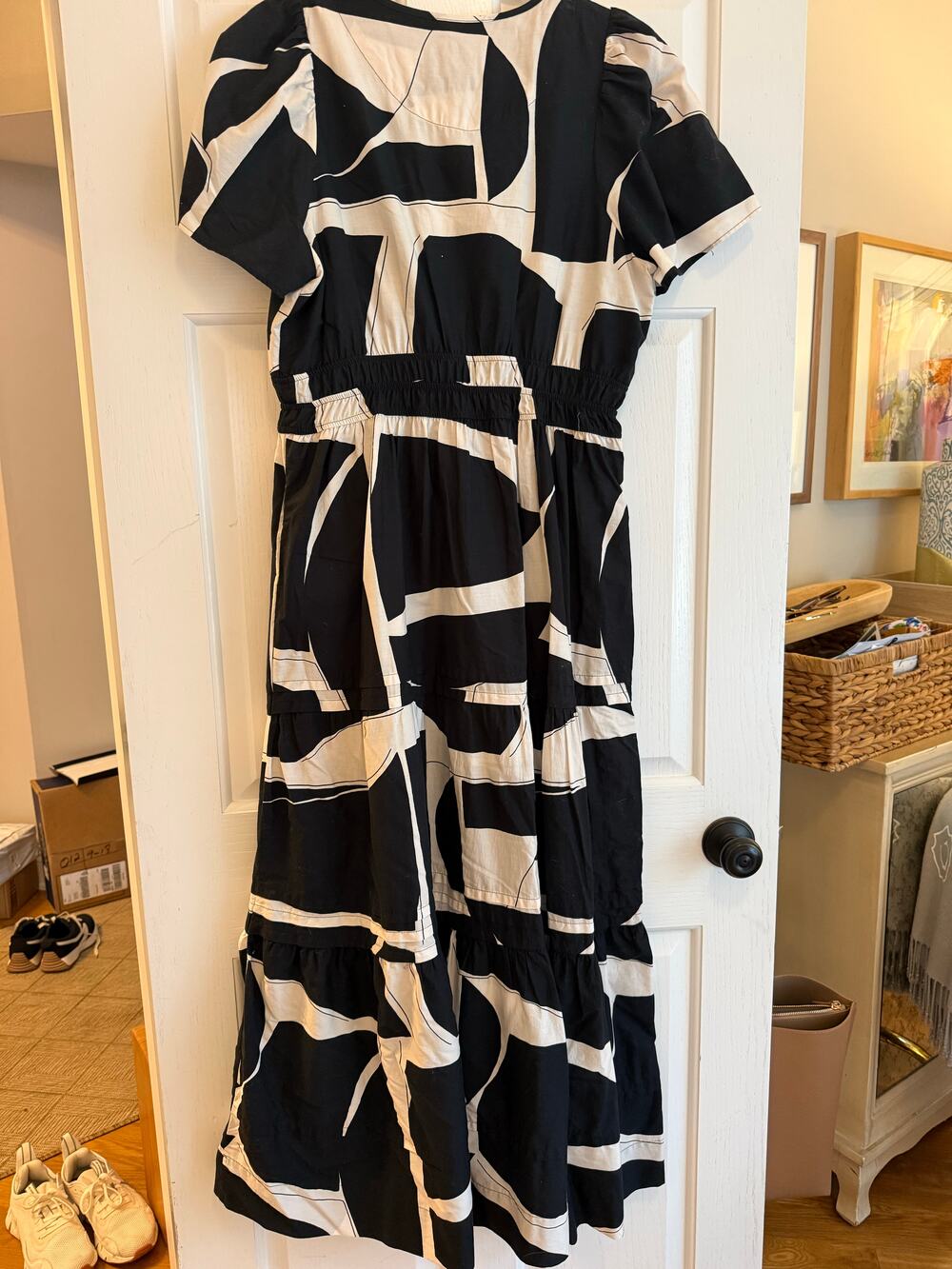 Maeve by Anthropologie black and white abstract print tiered midi dress